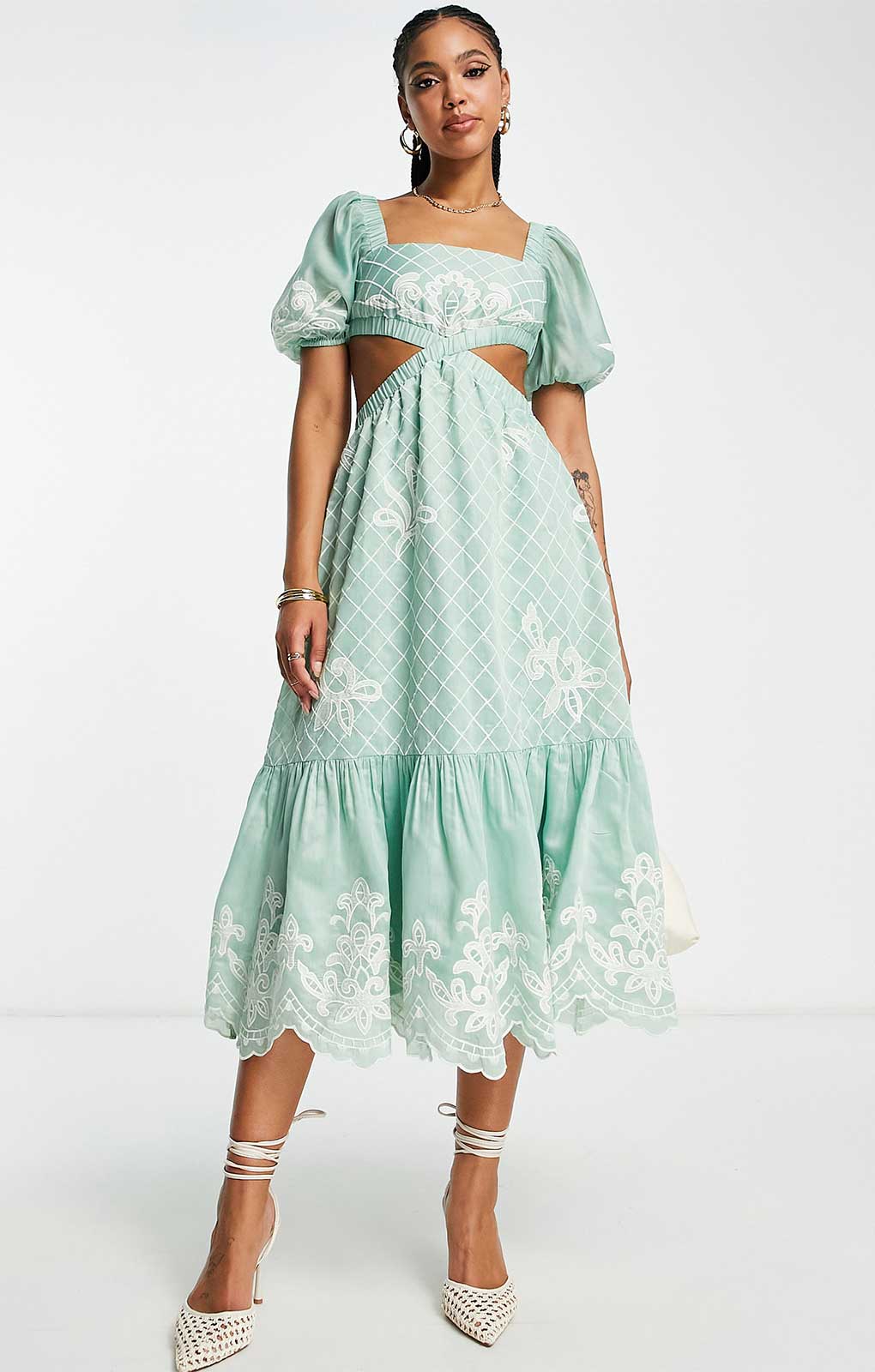 Asos Design Soft Midi Dress With Embrodiery Detail In Sage product image