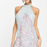 Asos Design Halter Mini Dress With Embellished Butterfly Artwork In Blue