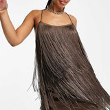 Asos Design Fringed Mini Dress In Chocolate