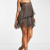 Asos Design Fringed Mini Dress In Chocolate