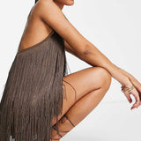 Asos Design Fringed Mini Dress In Chocolate
