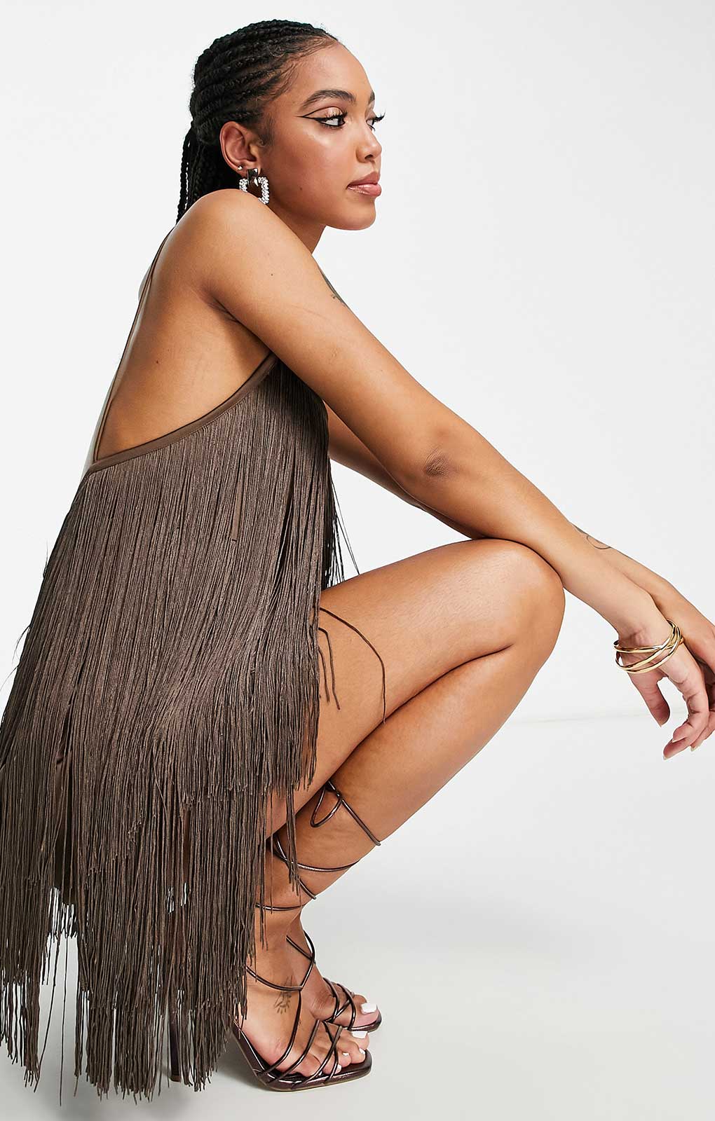 Asos Design Fringed Mini Dress In Chocolate