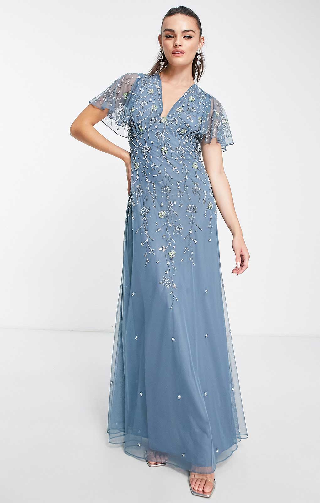 Asos Design Flutter Sleeve Maxi Dress With Trailing Floral Embellishment In Blue