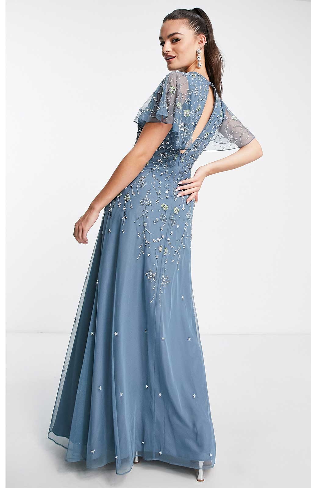 Asos Design Flutter Sleeve Maxi Dress With Trailing Floral Embellishment In Blue