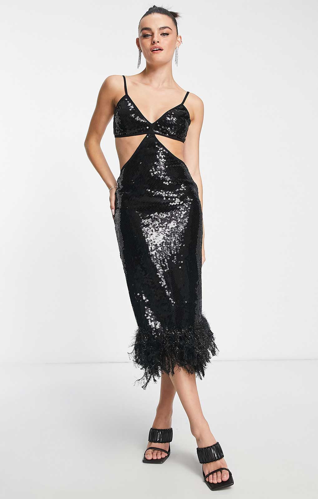 Asos Design Strappy Sequin Maxi Dress With Faux Feather Hem Detail In Black product image