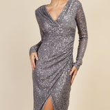 Little Mistress Silver Sequin Mock Wrap Maxi Dress