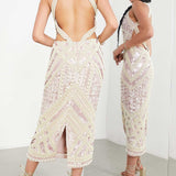 Asos Edition Pearl And Sequin Embellished Halter Midi Dress In Blush