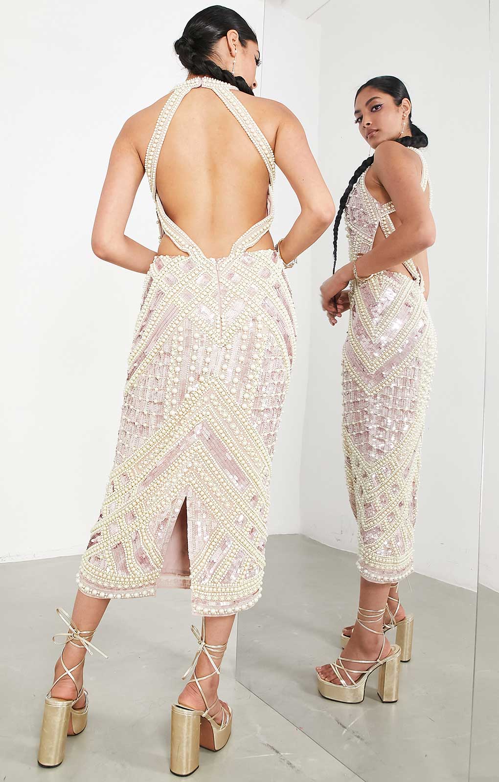 Asos Edition Pearl And Sequin Embellished Halter Midi Dress In Blush