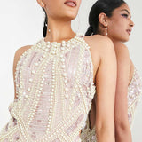 Asos Edition Pearl And Sequin Embellished Halter Midi Dress In Blush