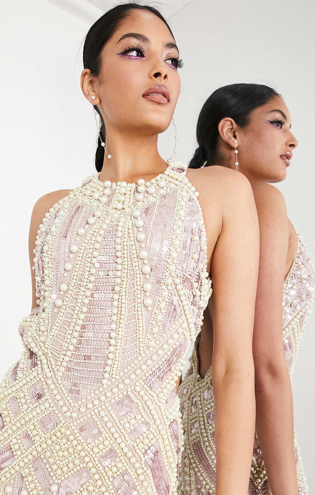 Asos Edition Pearl And Sequin Embellished Halter Midi Dress In Blush