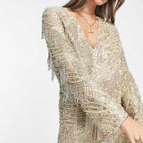 Asos Edition V Neck Embellished Mini Shift Dress With Fringe In Gold product image