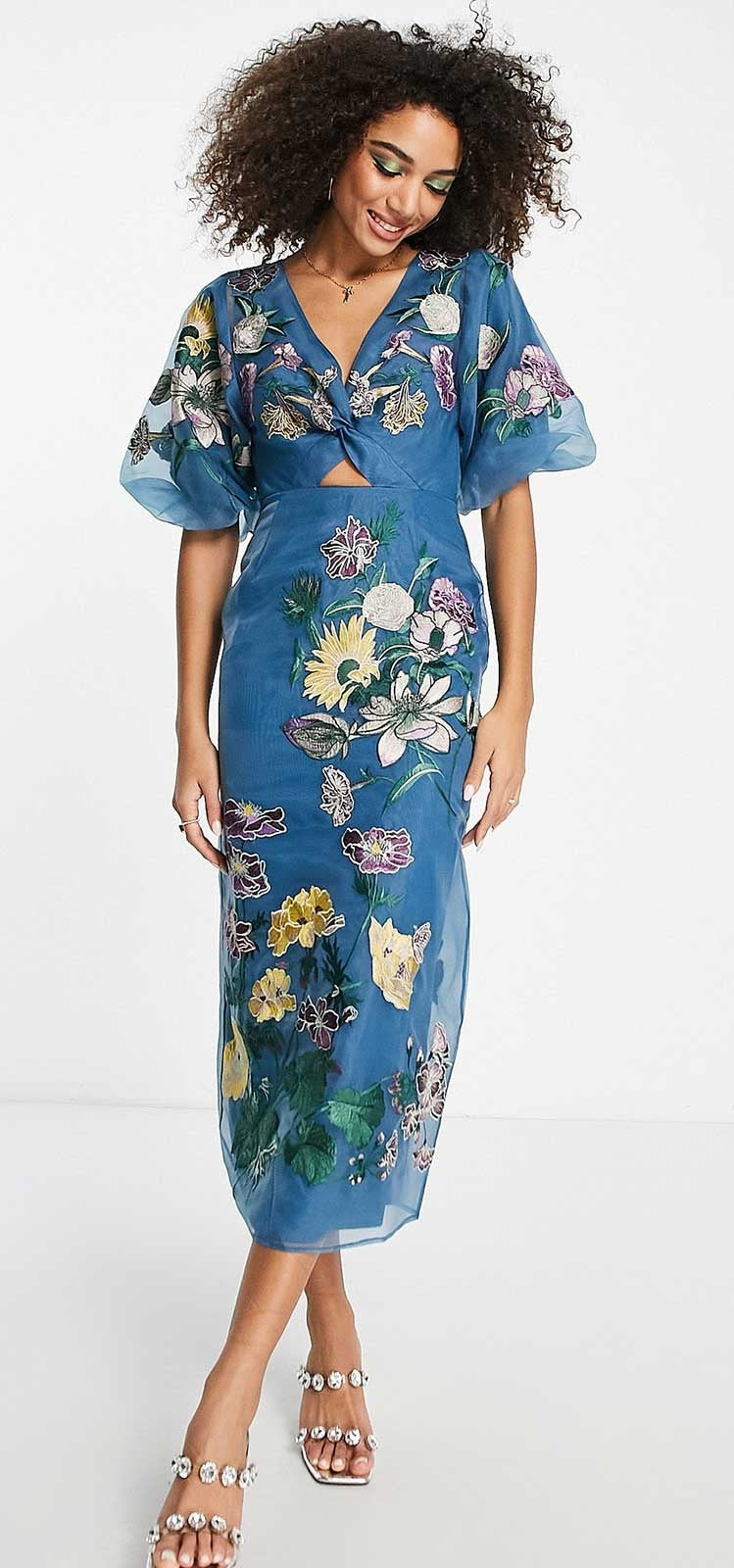 Asos Edition Floral Embroidered Organza Midi Dress In Steel Blue product image