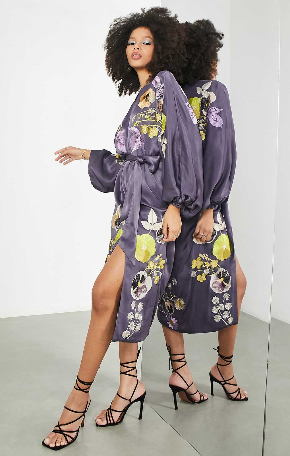 Asos Edition Satin Midi Dress In Pansy Floral Embroidery In Mauve product image
