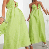 Asos Edition Textured Cami Midi Dress With Cut Out And Tiered Hem In Olive Green