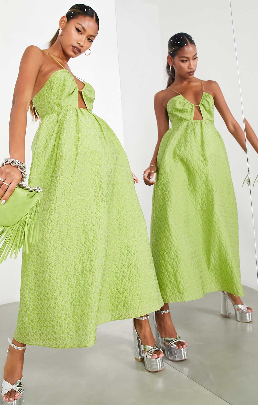 Asos Edition Textured Cami Midi Dress With Cut Out And Tiered Hem In Olive Green