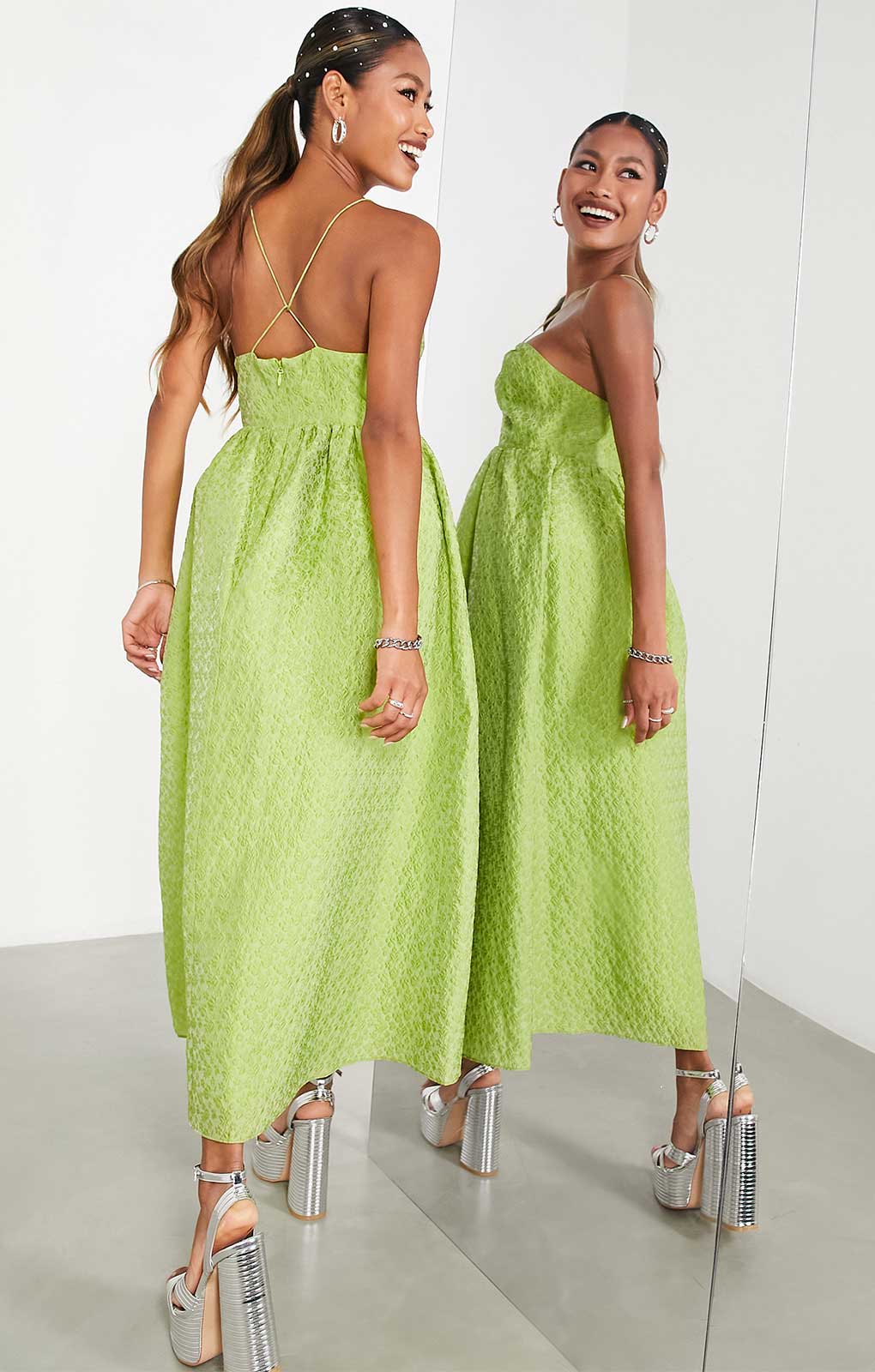 Asos Edition Textured Cami Midi Dress With Cut Out And Tiered Hem In Olive Green