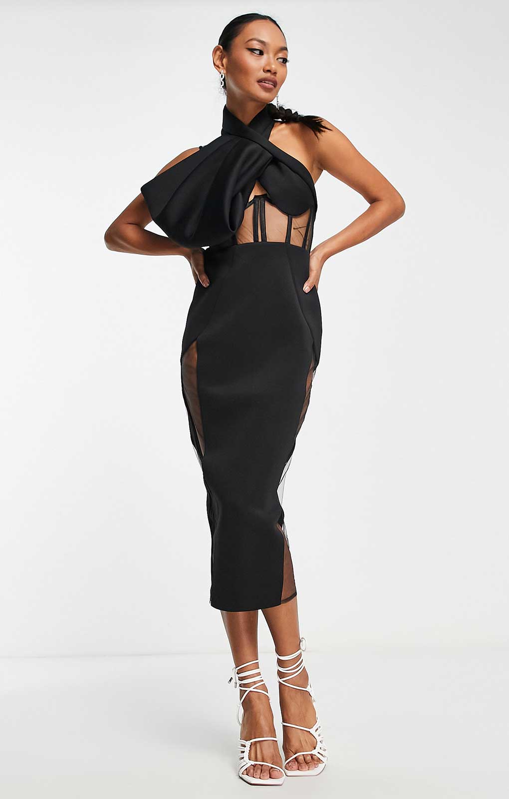 Asos Design Halter Mesh Insert Corset Corsage Midi Pencil Dress In Black product image