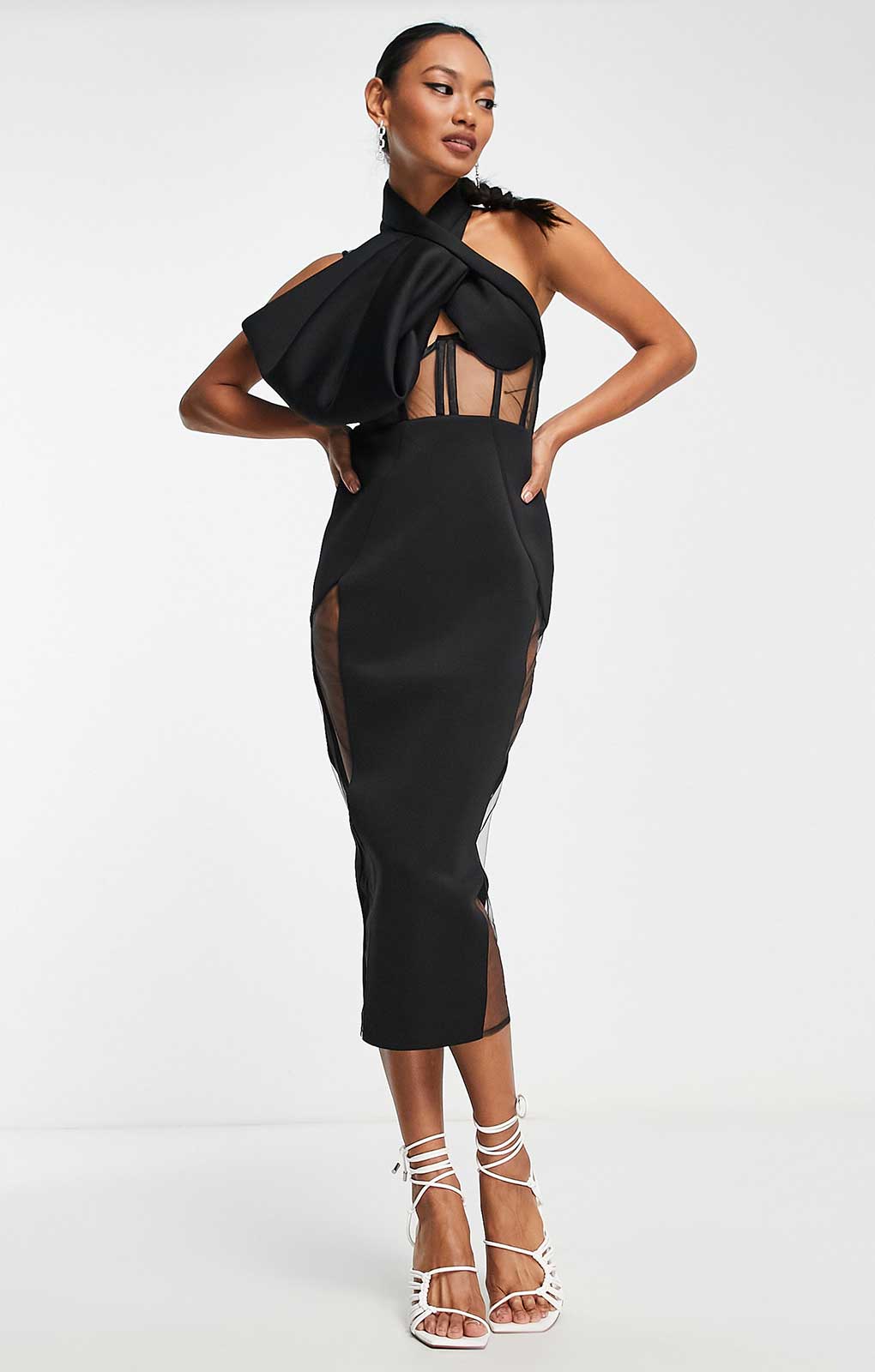 Asos Design Halter Mesh Insert Corset Corsage Midi Pencil Dress In Black