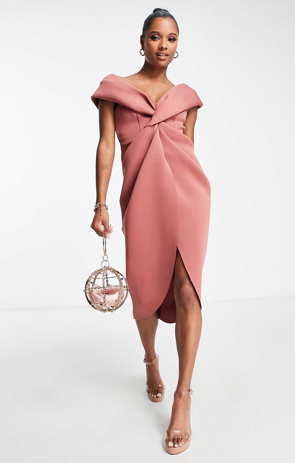 Asos Design Petite Twist Front Off The Shoulder Midi Dress In Rose product image