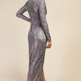 Little Mistress Silver Sequin Mock Wrap Maxi Dress product image