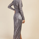 Little Mistress Silver Sequin Mock Wrap Maxi Dress