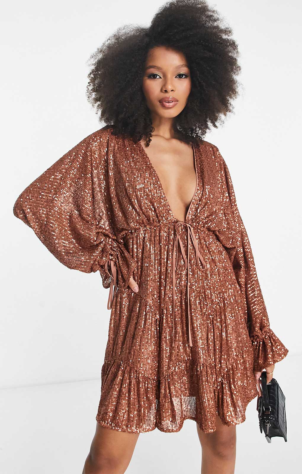 Asos Design Embellished Tiered Mini Dress With Tie Detail In Gold Sequin product image