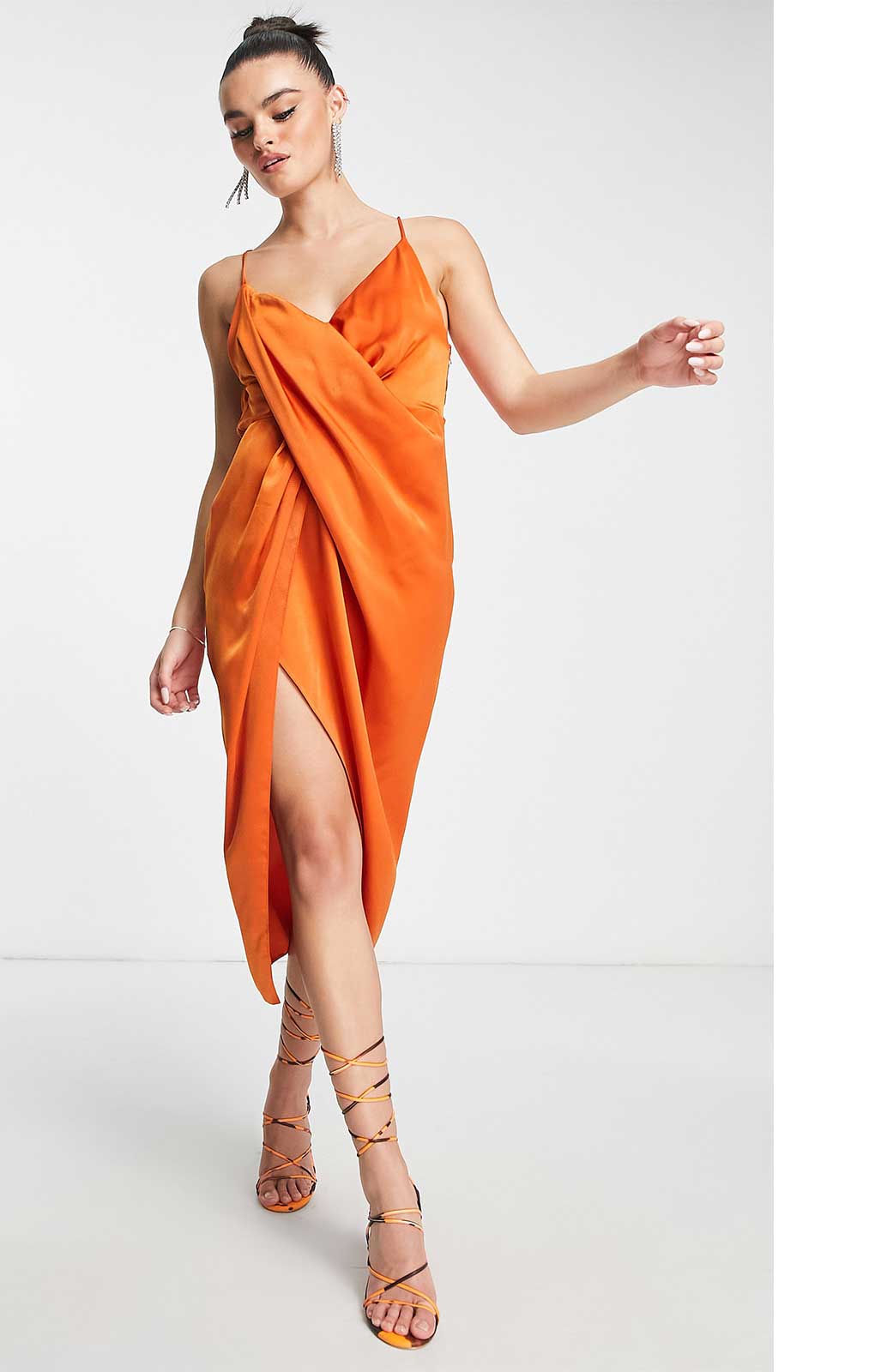 asos design midi wrap satin dress with drape detail ASOS DESIGN midi wrap satin dress with drape detail