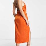 Asos Design Drape Detail Satin Midi Dress With Strappy Back In Rust product image