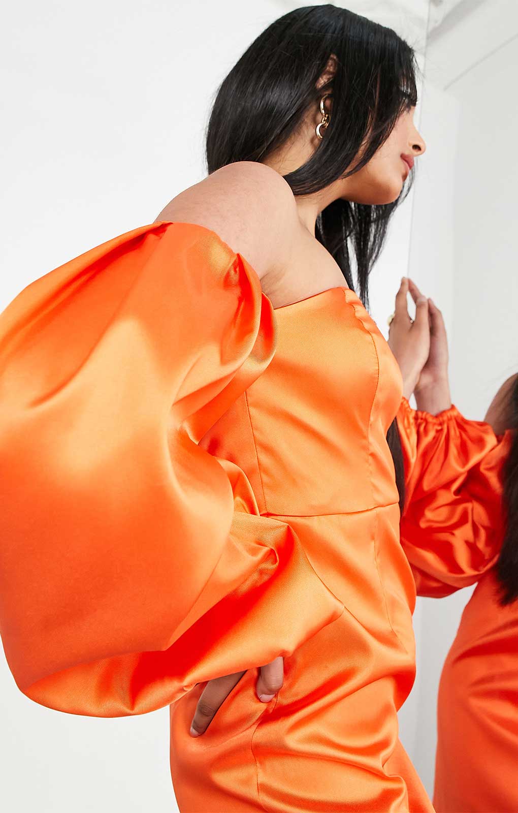 Asos Edition Extreme Blouson Sleeve Mini Dress In Satin In Orange
