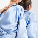 Asos Edition Split Drape Satin Midi Shirt Dress In Dusky Blue product image