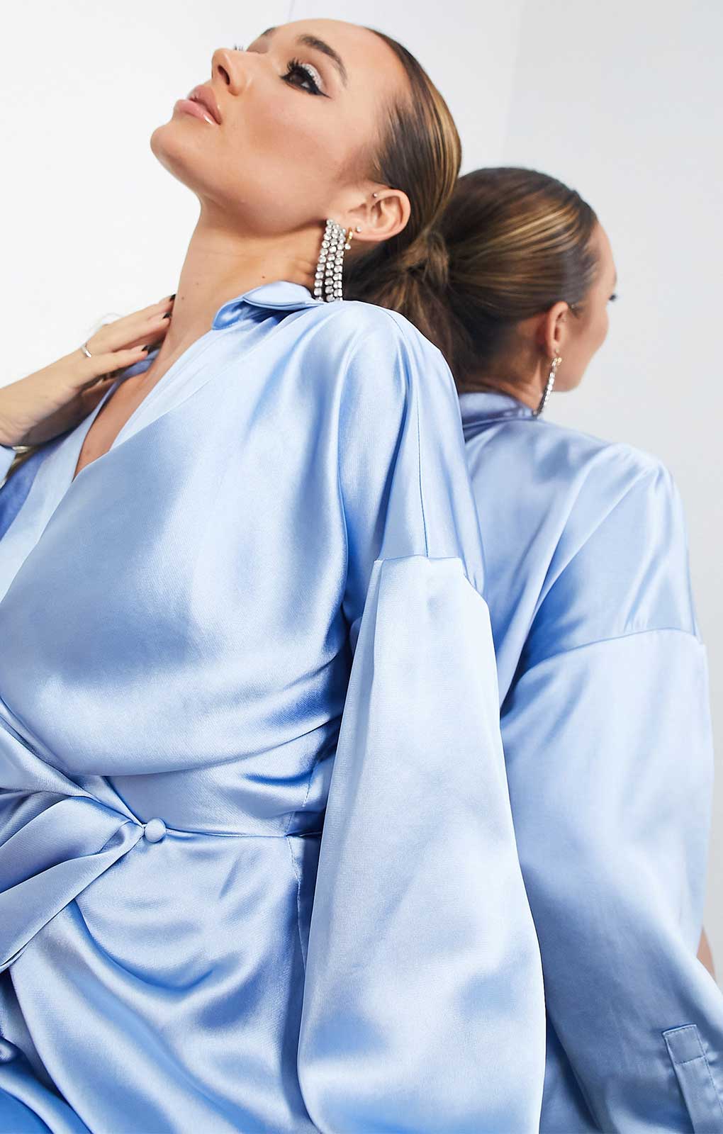 Asos Edition Split Drape Satin Midi Shirt Dress In Dusky Blue product image