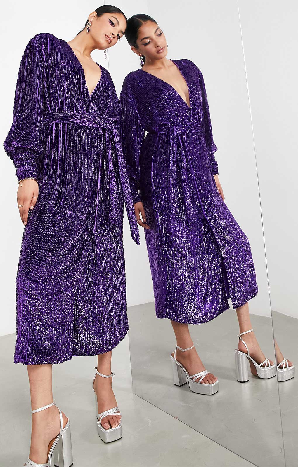 Asos Edition Sequin Wrap Midi Dress In Purple Asos Edition Sequin Wrap Midi Dress In Purple