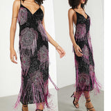 Asos Edition Embellished Cami Midi Dress With Floral Fringe In Black And Pink product image