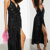 Asos Edition Twist Front Sequin Cami Midi Dress With Full Skirt In Black product image