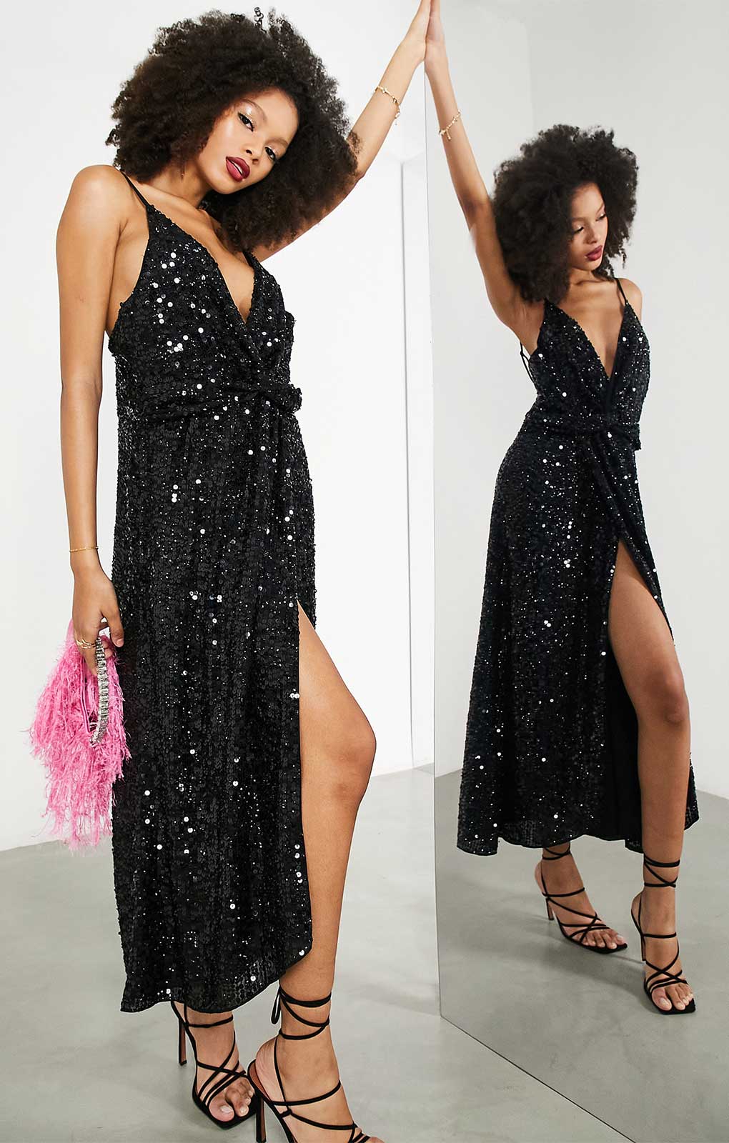 Asos Edition Twist Front Sequin Cami Midi Dress With Full Skirt In Black product image