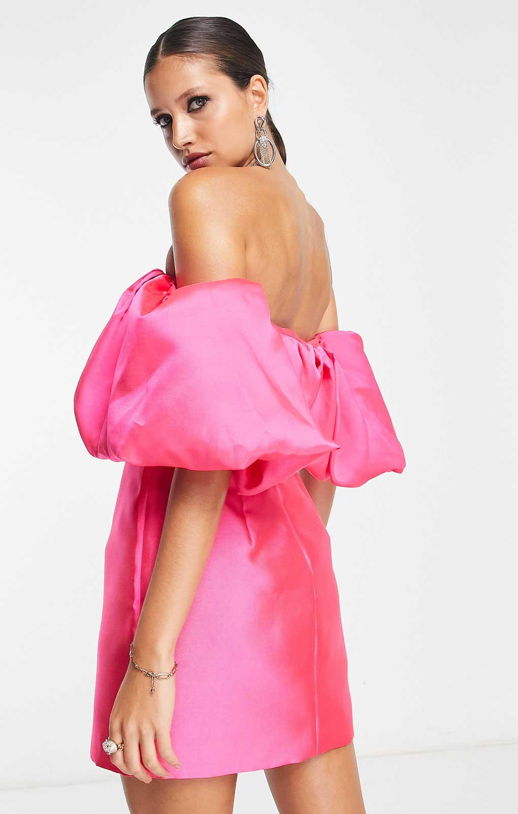 Asos Edition Volume Sleeve Satin Mini Dress In Hot Pink product image