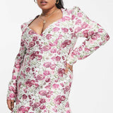 Asos Luxe Curve Sweetheart Neck Mini Dress With Long Sleeves In Floral Jacquard product image