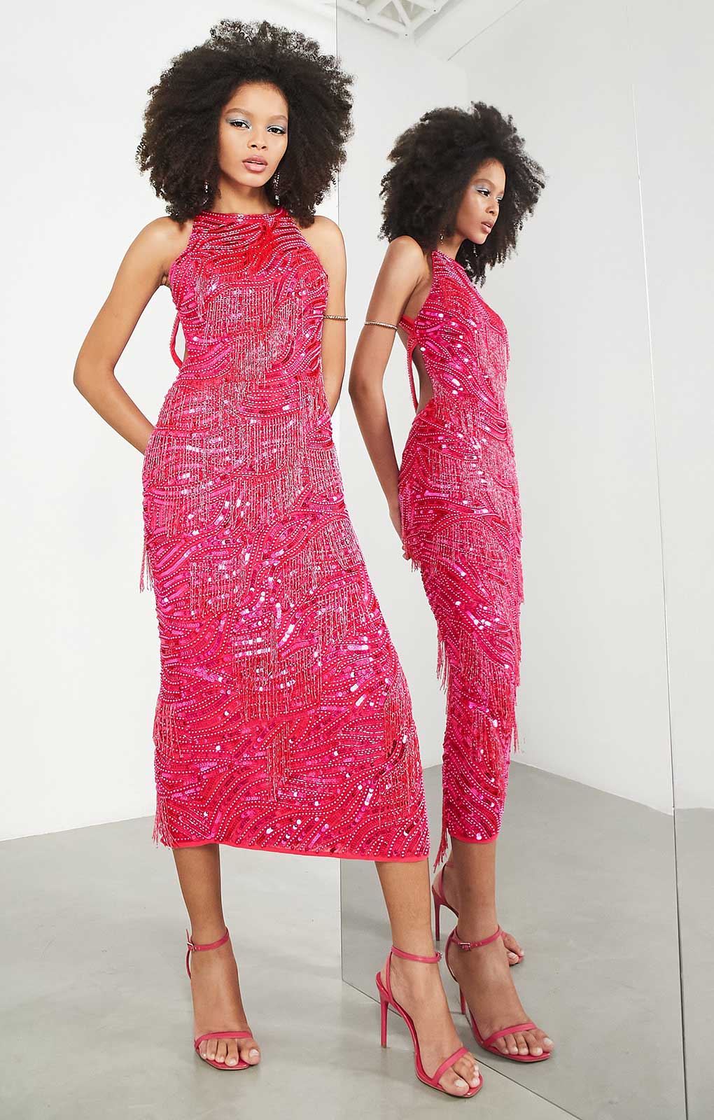Asos Edition Pearl And Fringe Halter Midi Dress In Hot Pink product image