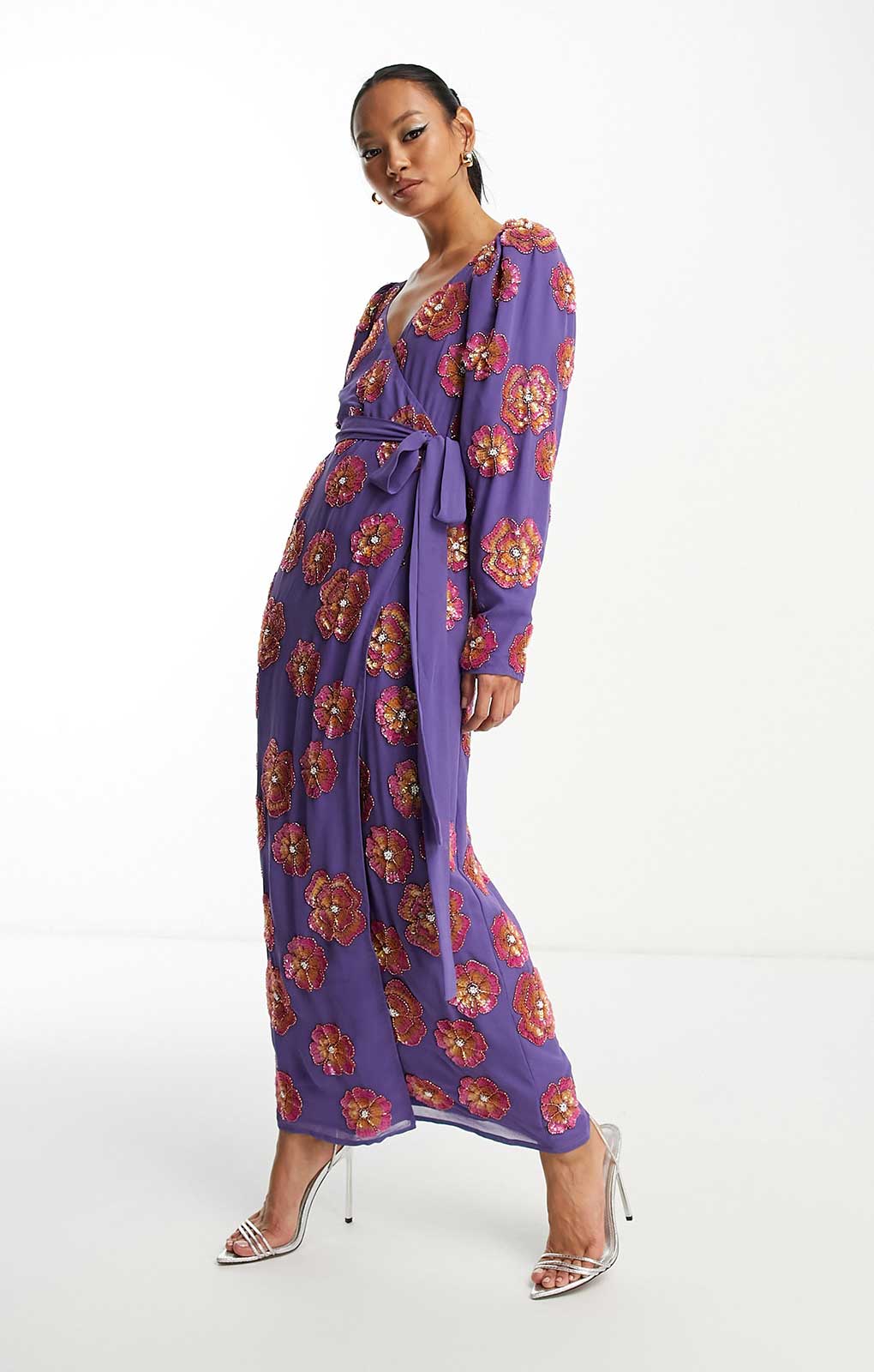 Rent Asos Edition Sequin Wrap Midi Dress In Floral Sequin In Purple | Hirestreet Rent Asos Edition Sequin Wrap Midi Dress In Floral Sequin In Purple | Hirestreet