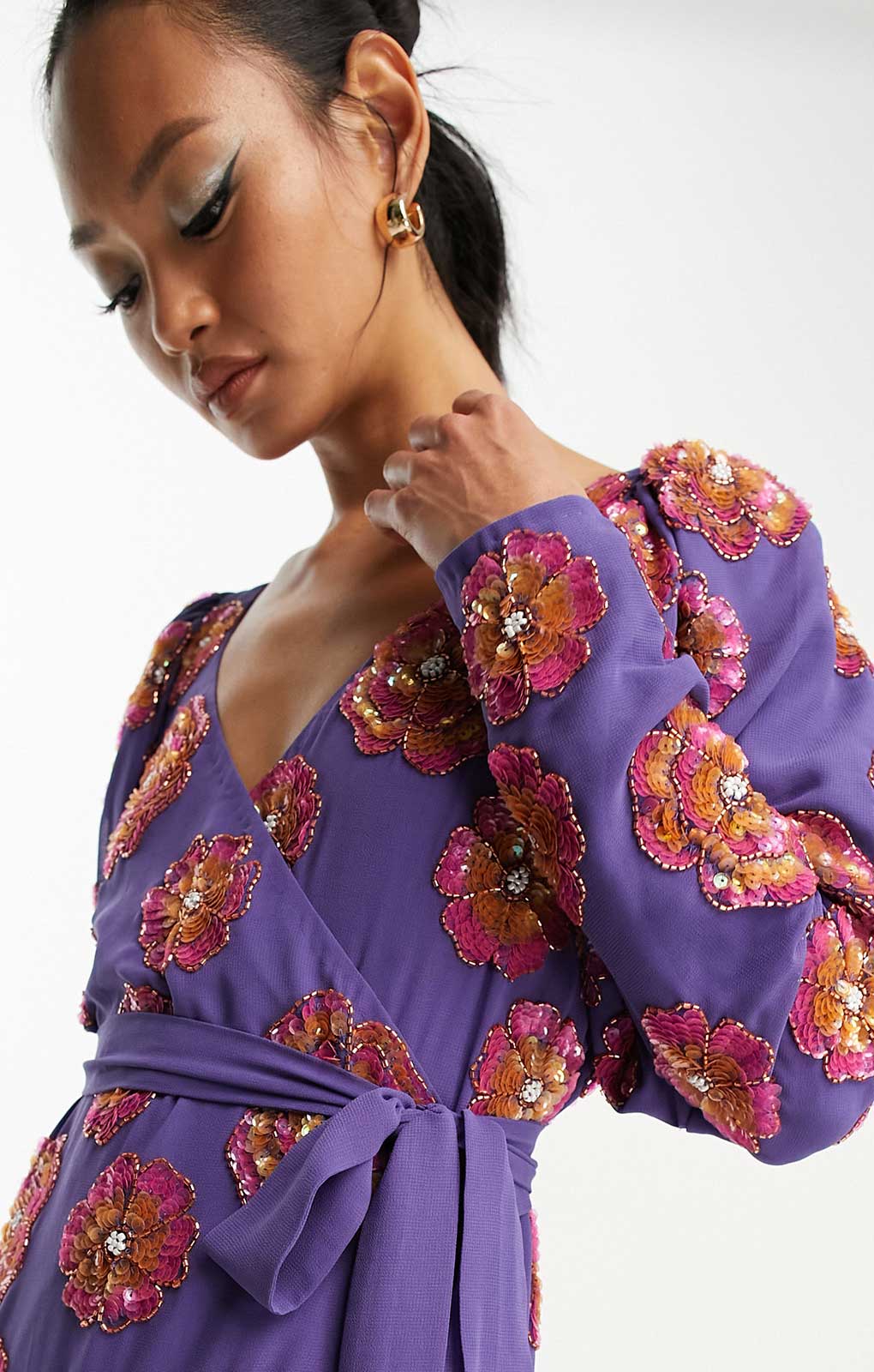 Asos Edition Sequin Wrap Midi Dress In Floral Sequin In Purple