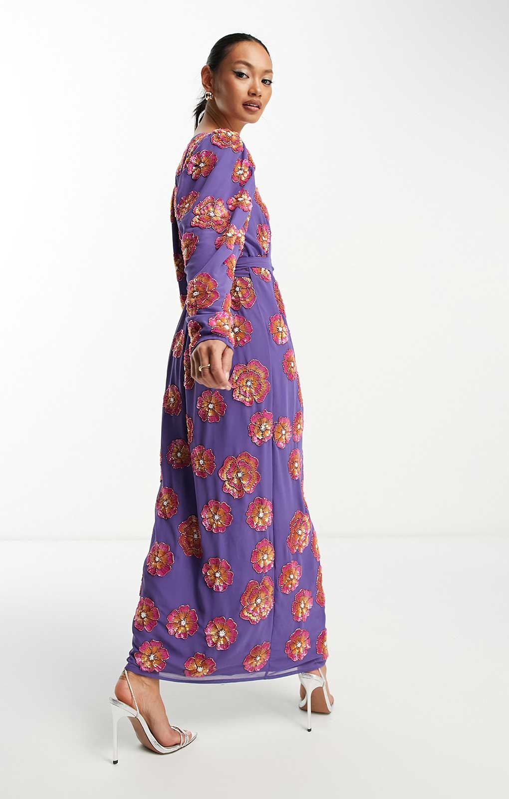 Asos Edition Sequin Wrap Midi Dress In Floral Sequin In Purple product image