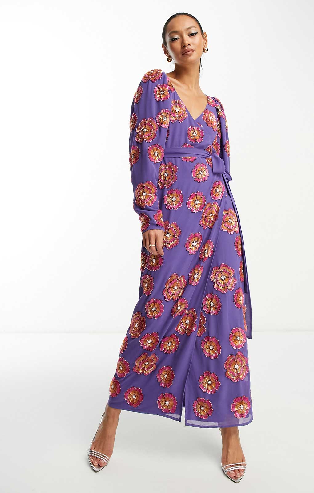 Asos Edition Sequin Wrap Midi Dress In Floral Sequin In Purple product image