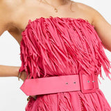 Asos Design Mini Bandeau Dress In Shredded Chiffon With Belt Detail In Pink