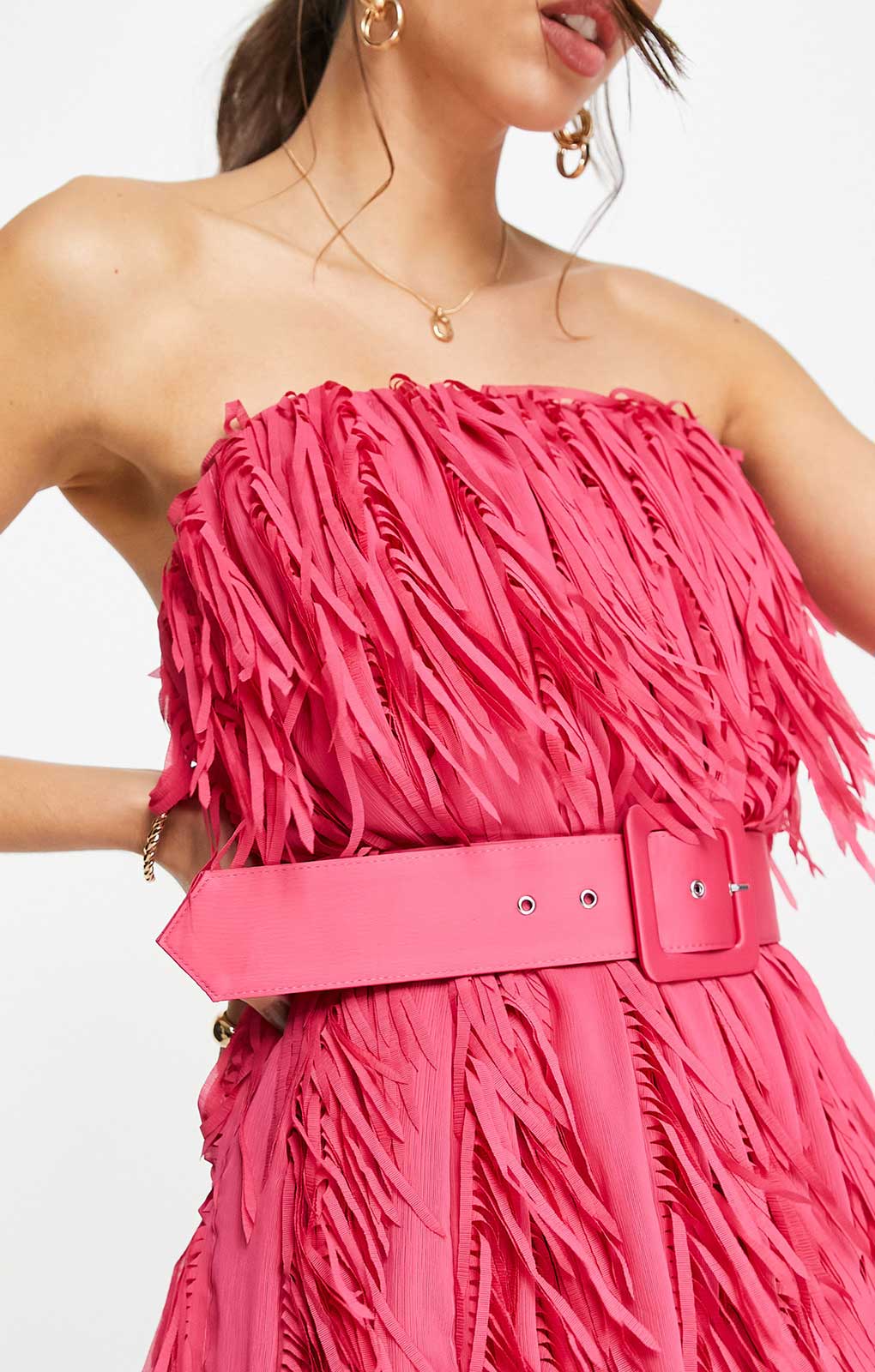 Asos Design Mini Bandeau Dress In Shredded Chiffon With Belt Detail In Pink