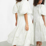 Asos Edition Tiered Metallic Floral Jacquard Midi Dress In Ivory
