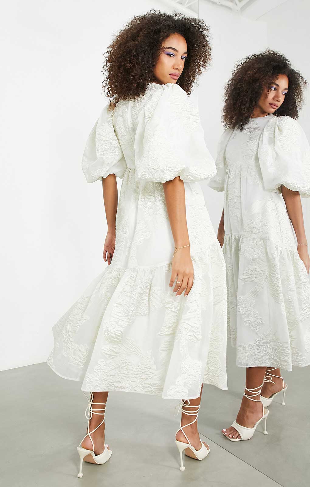 Asos Edition Tiered Metallic Floral Jacquard Midi Dress In Ivory