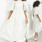 Asos Edition Tiered Metallic Floral Jacquard Midi Dress In Ivory