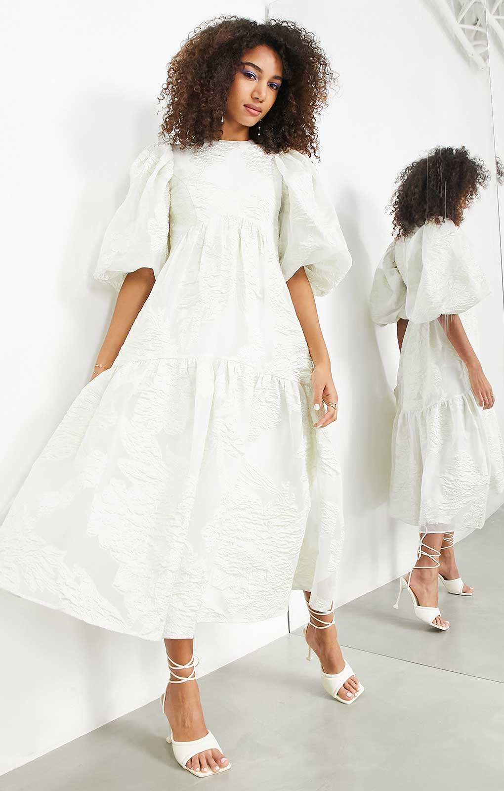 Asos Edition Tiered Metallic Floral Jacquard Midi Dress In Ivory