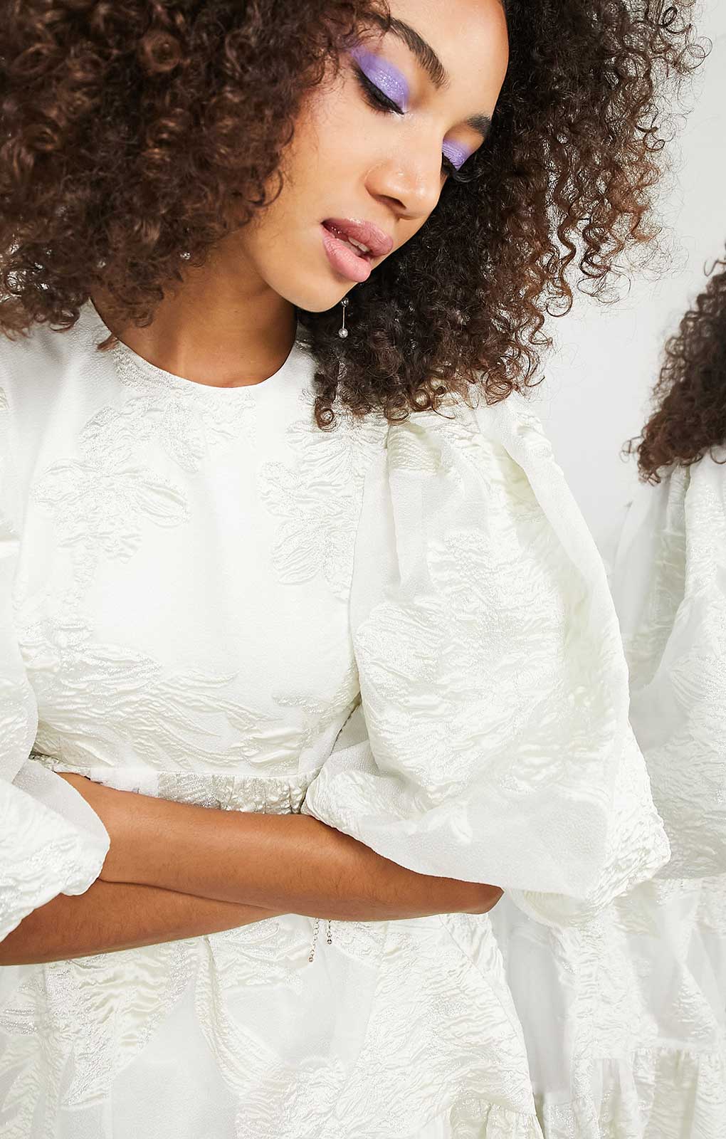 Asos Edition Tiered Metallic Floral Jacquard Midi Dress In Ivory