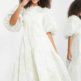 Asos Edition Tiered Metallic Floral Jacquard Midi Dress In Ivory